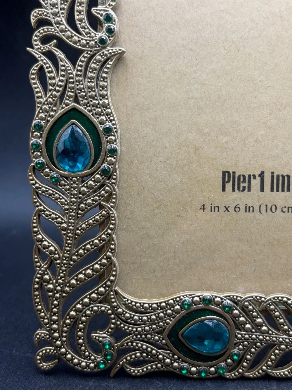 Pier 1 Imports Peacock Feather Enamel Metal Crystal Rhinestone Picture Frame